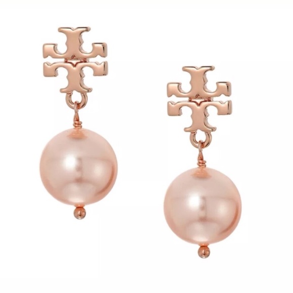 Tory Burch Jewelry - Tory Burch NWOT Rose Gold Logo Pearl Drop Earrings
